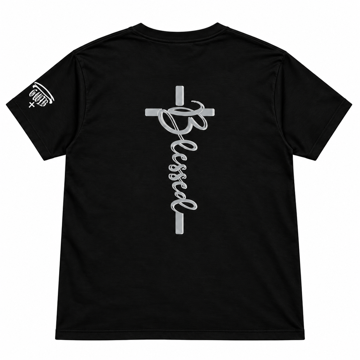 Back of black Christian T-shirt with silver Blessed lettering arranged vertically beneath a cross