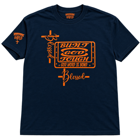 Built God Tough T-Shirt – Navy & Orange Blessed Cross