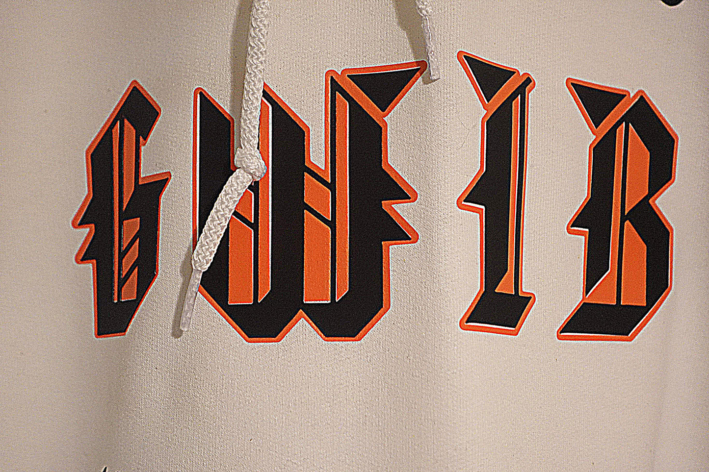 Close-up of a hoodie with 'GWIB' printed in black and orange across the chest.