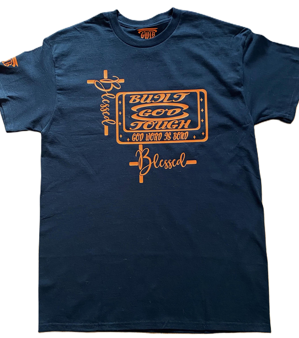 Navy blue t-shirt with orange text and graphics on a white background