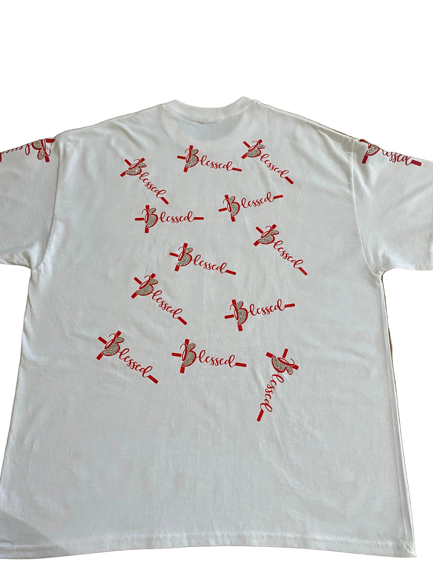 Built God Tough white t-shirt with red design and a rhinestone heart the word Blessed all over the back decorated with rhinestones.