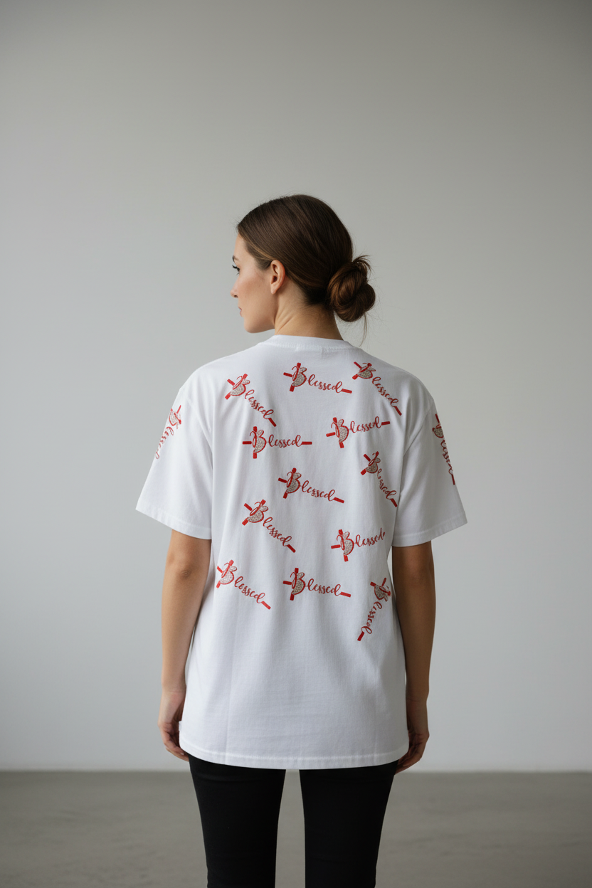 Woman showing the back of a white Christian T-shirt with repeating red Blessed cross graphics