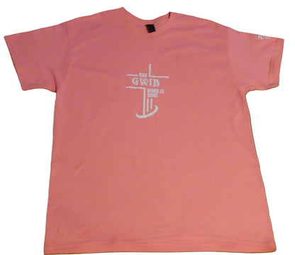 Pink t-shirt with white letters and a cross design on a white background. GWIB-God Word Is Bond