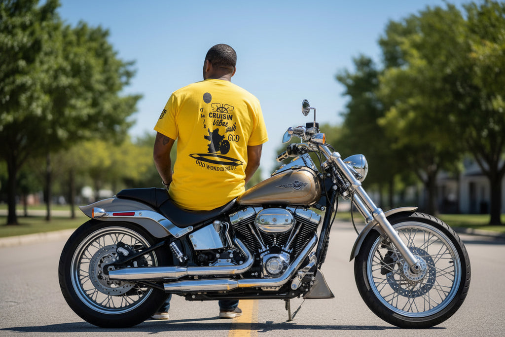 Cruisin Vibes with God T-Shirt: Motorcycle Graphic, Christian Apparel