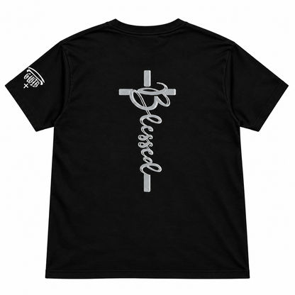 Back of black Christian T-shirt with silver Blessed lettering arranged vertically beneath a cross
