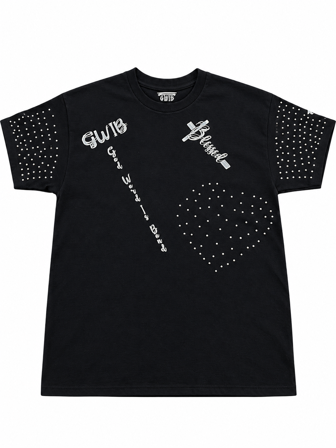 Front of black Christian T-shirt with silver GWIB and Blessed lettering, rhinestone sleeves, and a rhinestone heart