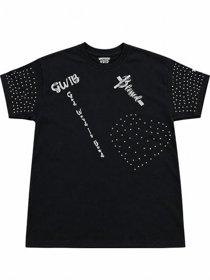 Front of black Christian T-shirt with silver GWIB and Blessed lettering, rhinestone sleeves, and a rhinestone heart