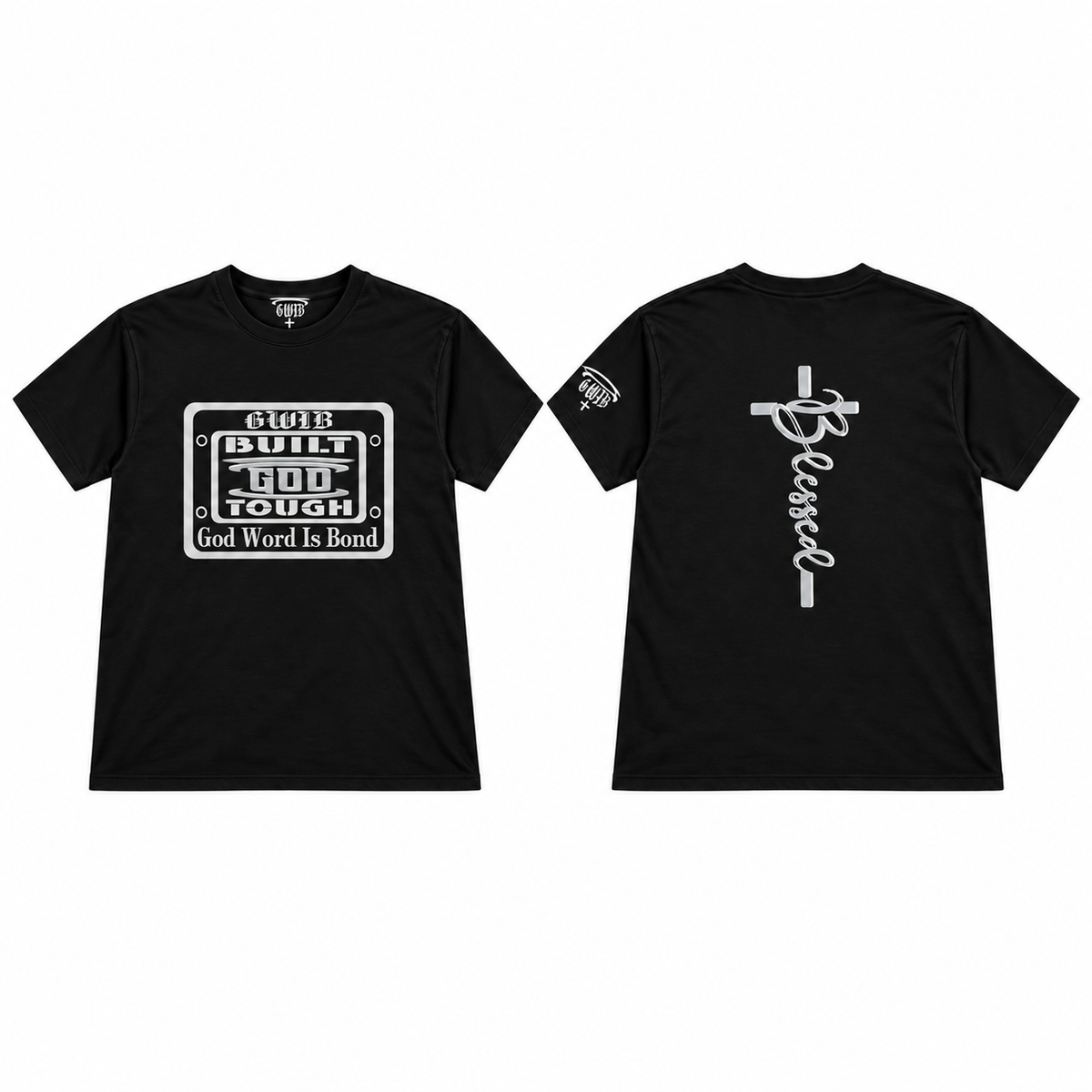 Front and back of black Built God Tough Christian T-shirt with white and silver front graphic and Blessed cross on the back