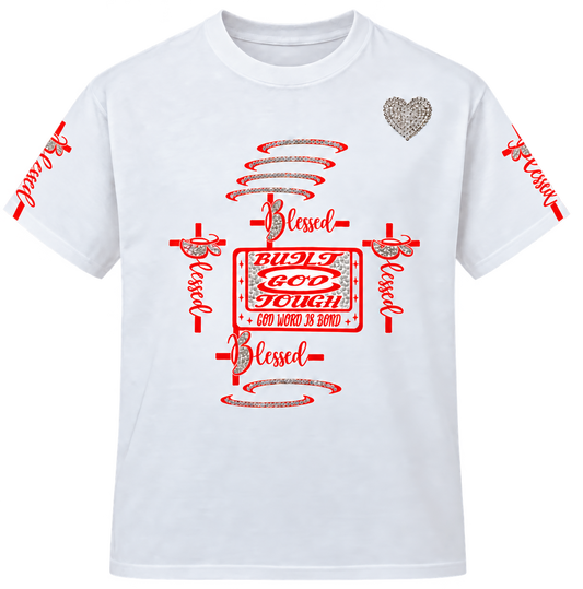 Front of white Built God Tough Christian T-shirt with red Blessed cross graphics and a silver rhinestone heart