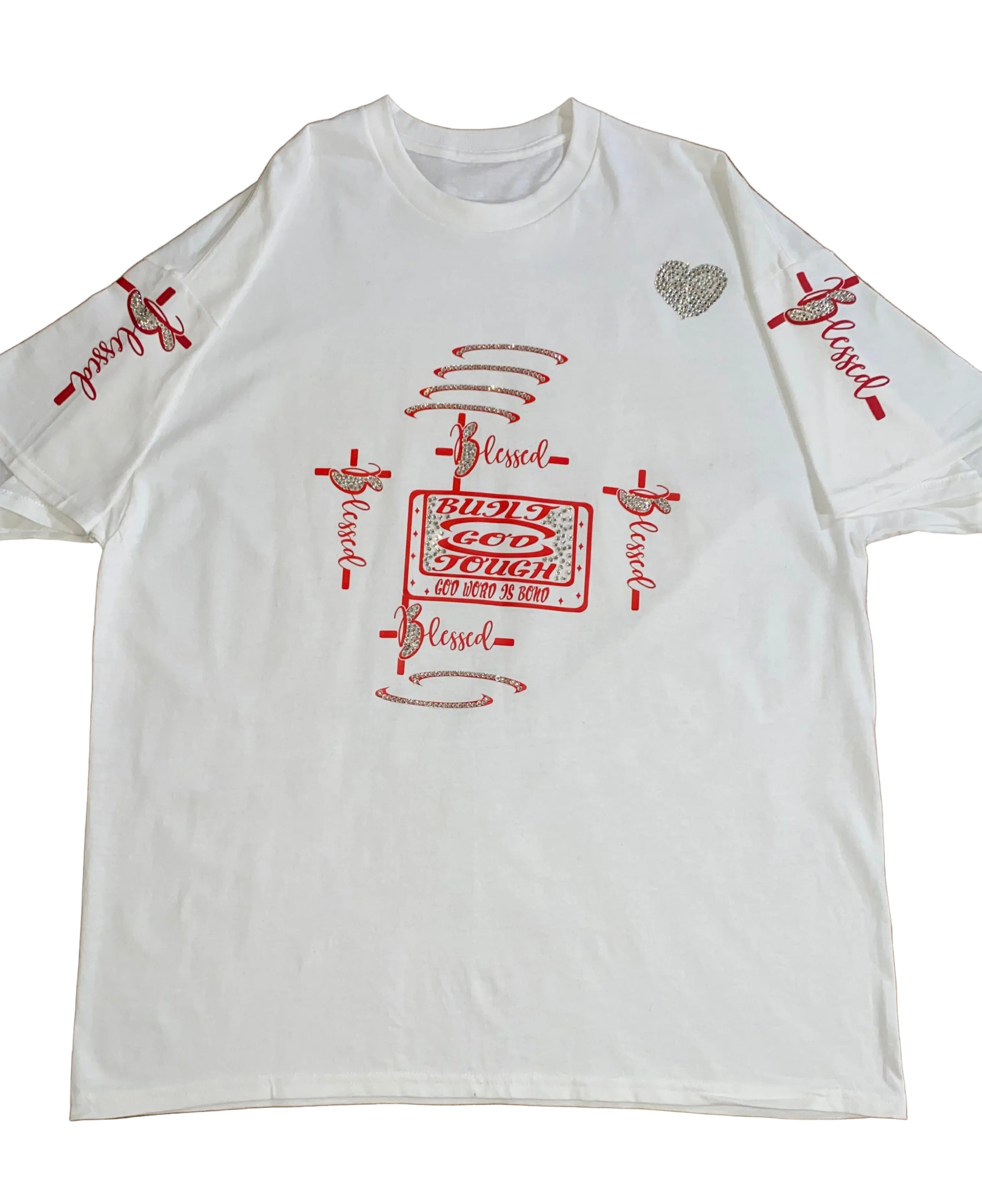 Built God Tough white t-shirt with red design and a rhinestone heart  the word Blessed all over the back decorated with rhinestones.