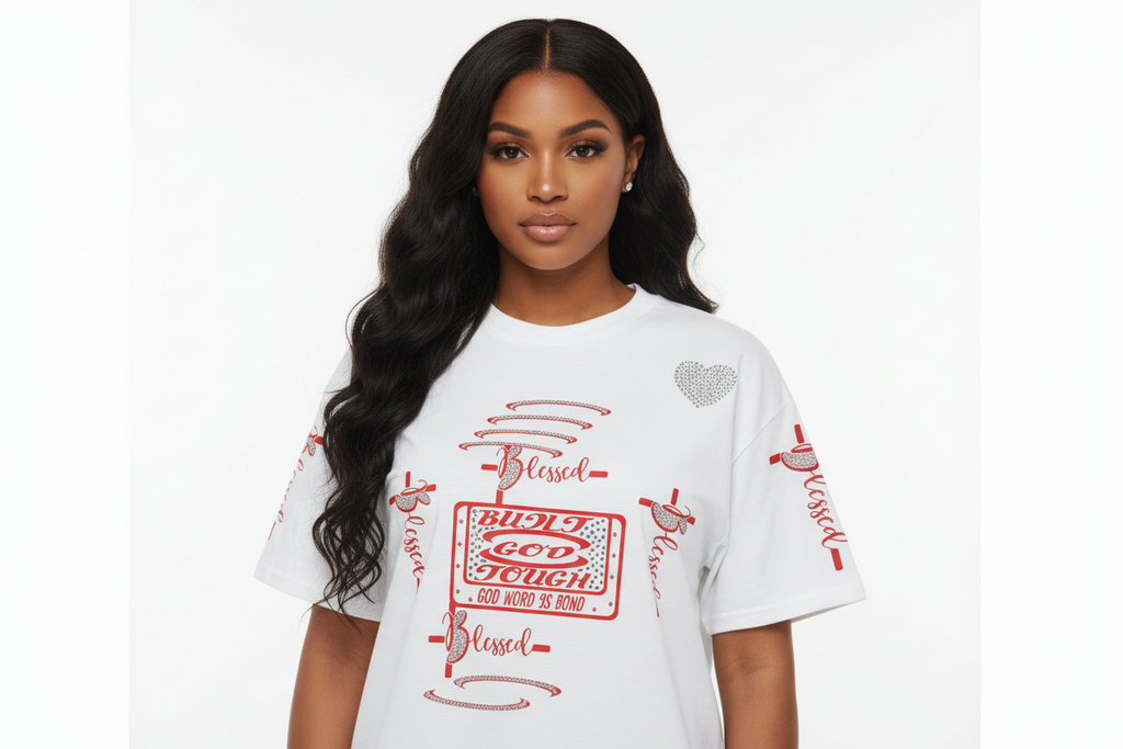 Built God Tough white t-shirt with red design and a rhinestone heart  the word Blessed all over the back decorated with rhinestones.