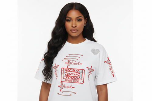 Built God Tough white t-shirt with red design and a rhinestone heart  the word Blessed all over the back decorated with rhinestones.