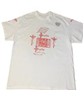 Built God Tough white t-shirt with red design and a rhinestone heart  the word Blessed all over the back decorated with rhinestones.