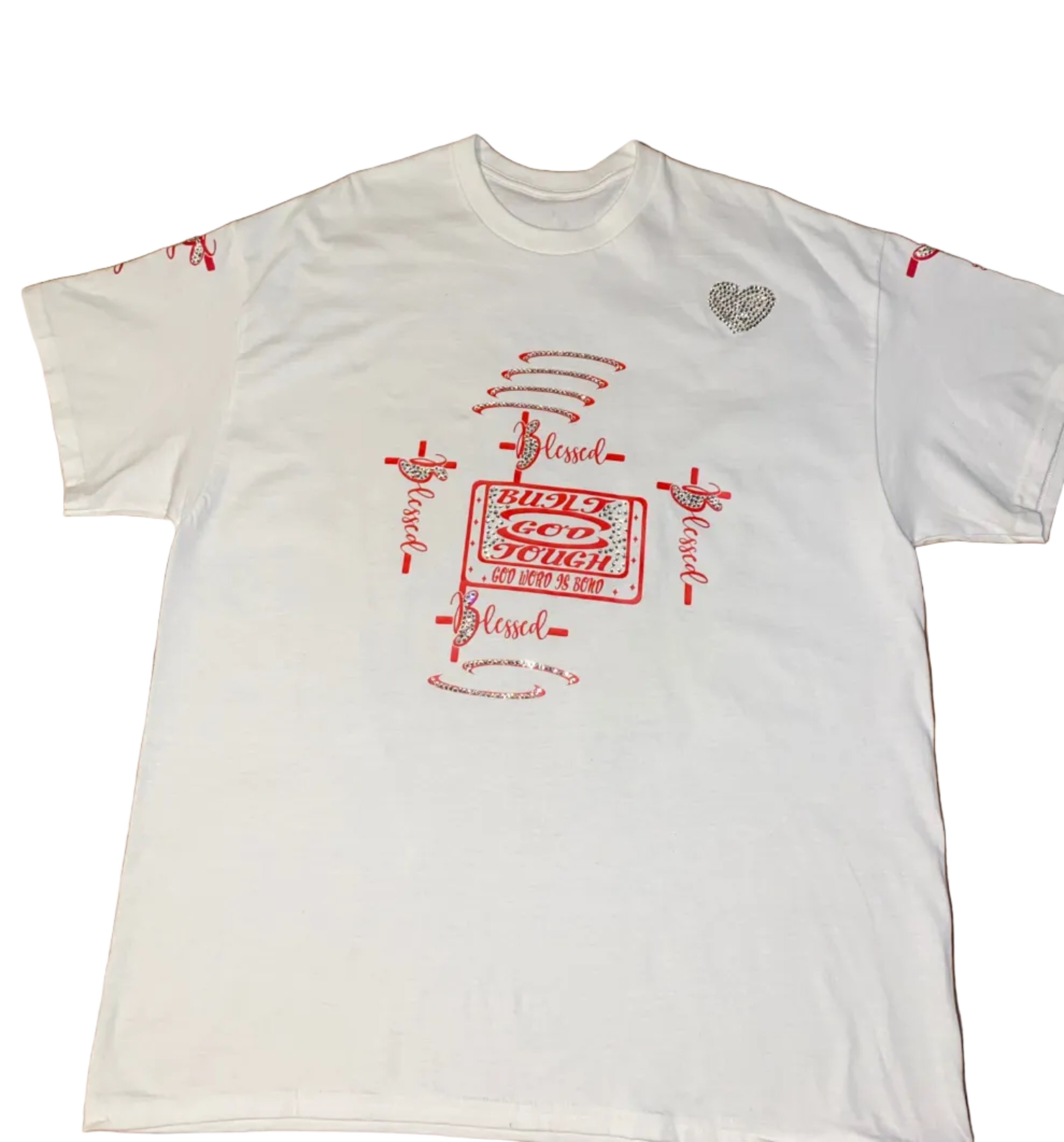 Built God Tough white t-shirt with red design and a rhinestone heart  the word Blessed all over the back decorated with rhinestones.