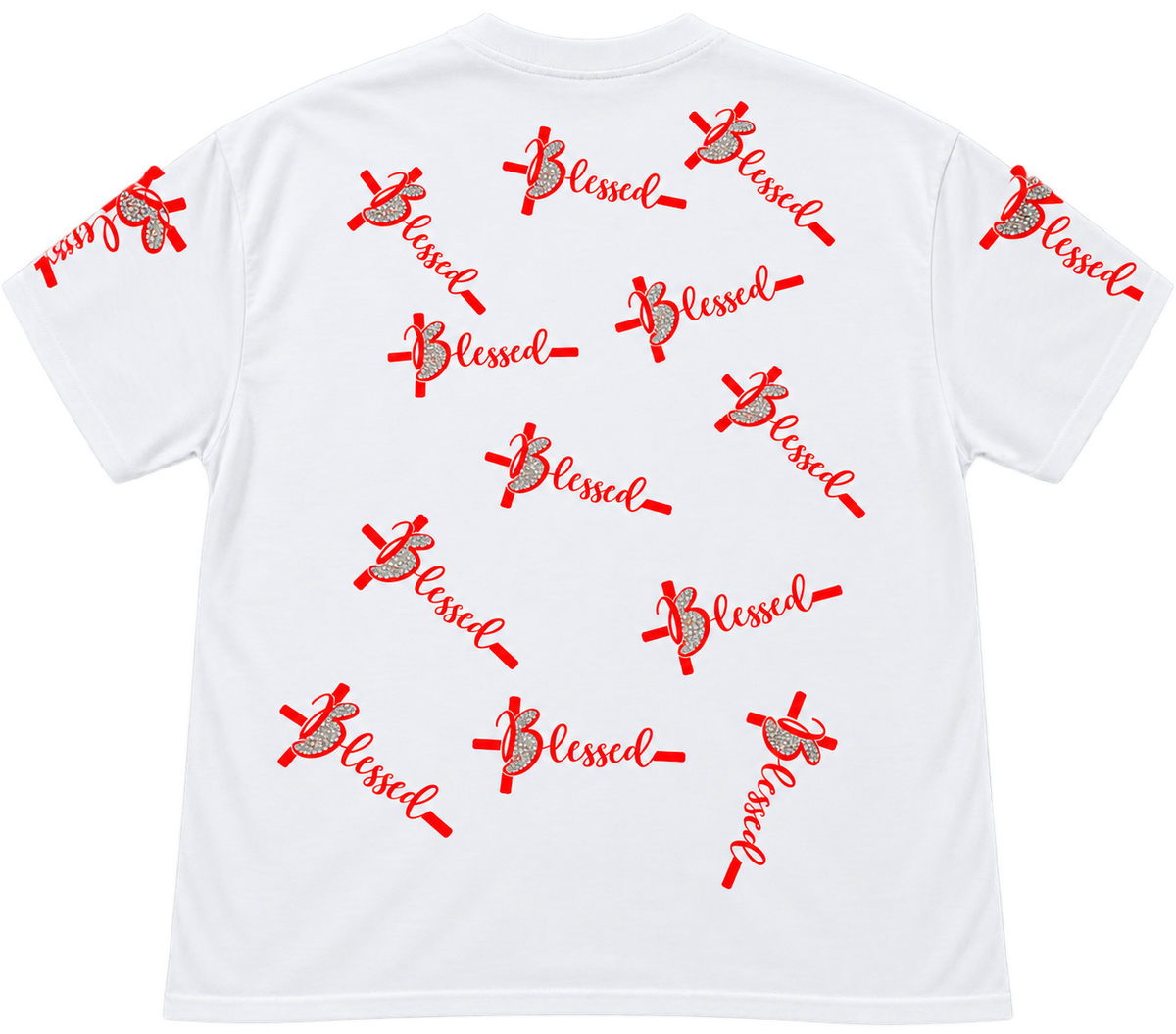 Back of white Christian T-shirt covered with red Blessed cross designs and silver rhinestone accents