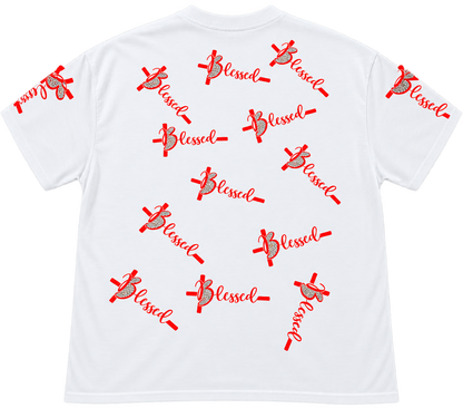 Back of white Christian T-shirt covered with red Blessed cross designs and silver rhinestone accents