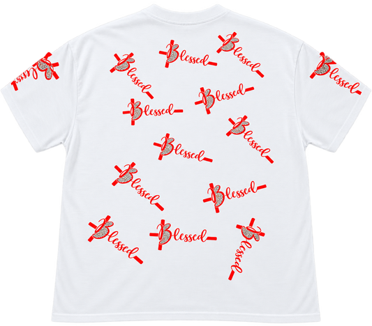 Back of white Christian T-shirt covered with red Blessed cross designs and silver rhinestone accents