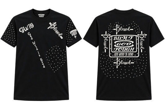 Front and back of black Built God Tough Christian T-shirt with silver Blessed crosses and rhinestone details