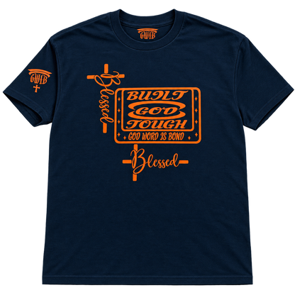 Built God Tough T-Shirt – Navy & Orange Blessed Cross