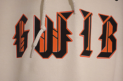 Close-up of a hoodie with 'GWIB' printed in black and orange across the chest.