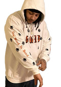 Person wearing a white GWIB-God Word Is Bond hoodie with paw prints 