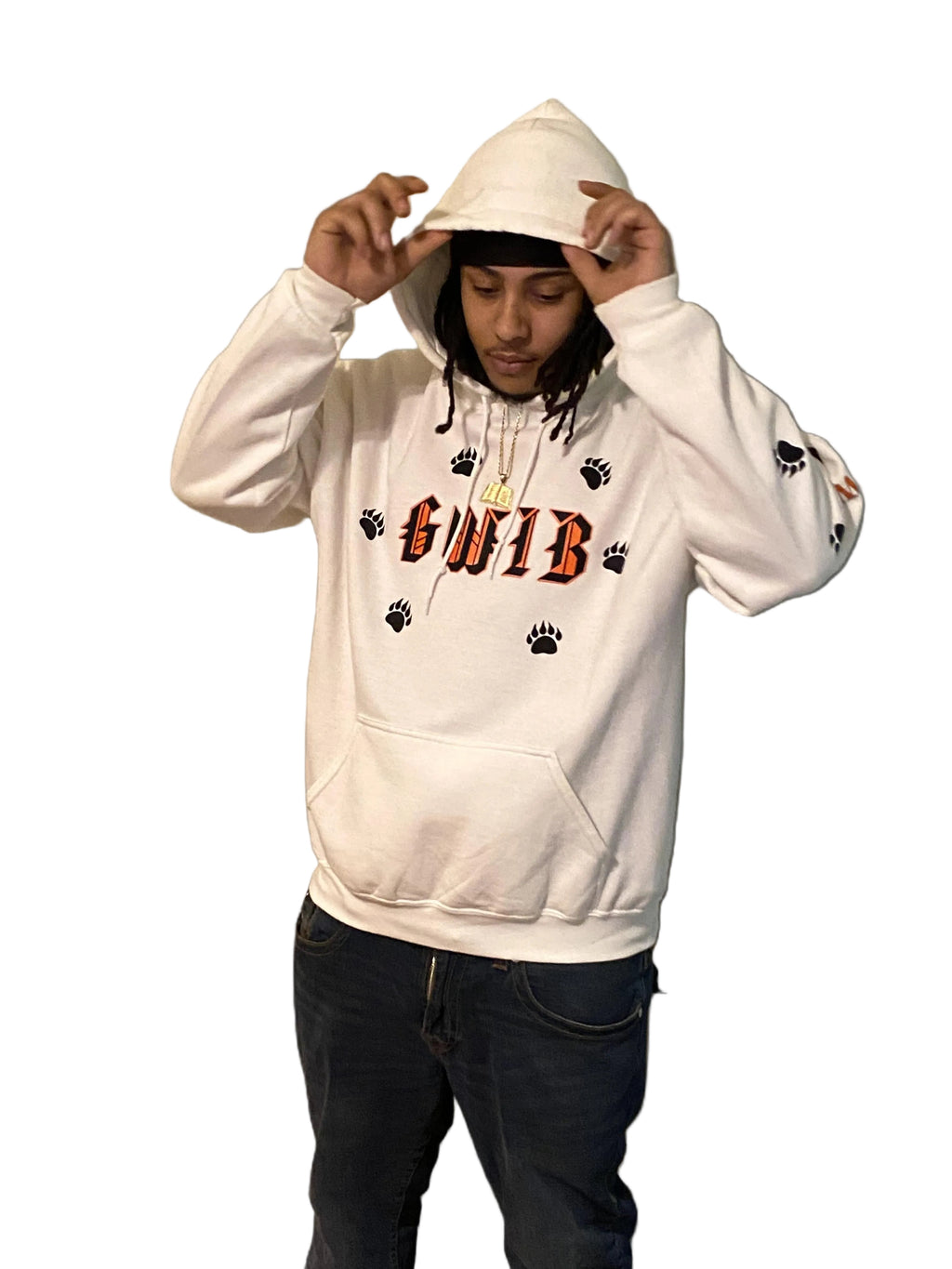 Person wearing a white GWIB-God Word Is Bond, hoodie with paw prints 