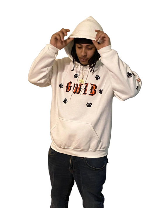 Person wearing a white GWIB-God Word Is Bond, hoodie with paw prints 