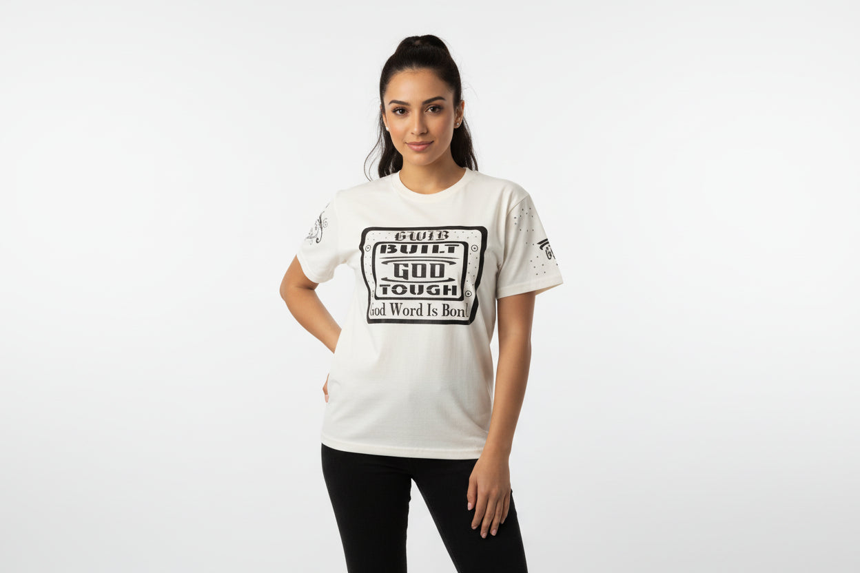 White T shirt with black lettering Built God Tough with rhinestones.