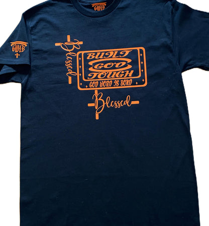 Navy blue t-shirt with orange graphics and text on a white background