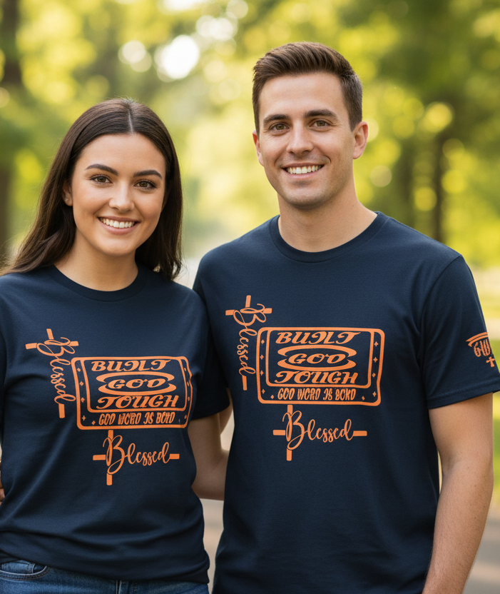 Navy Blue T-Shirt: Built God Tough graphic Design and a Cross with the word Blessed in orange.
