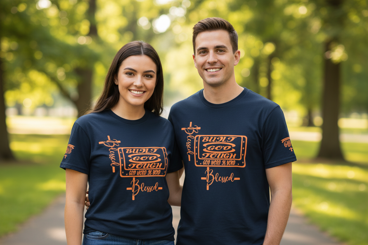 Navy Blue T-Shirt: Built God Tough graphic Design and a Cross with the word Blessed in orange.
