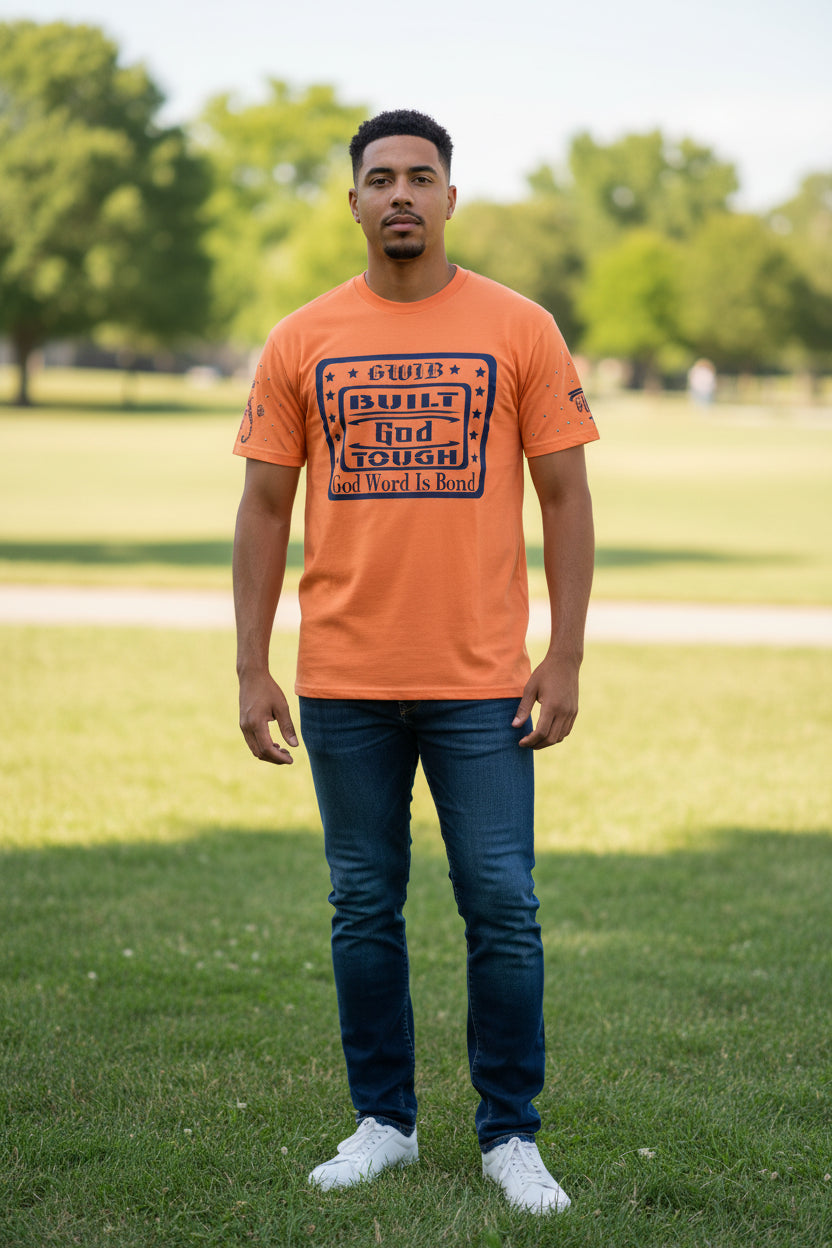Short sleeve T-Shirt Orange and Black Built God Tough
