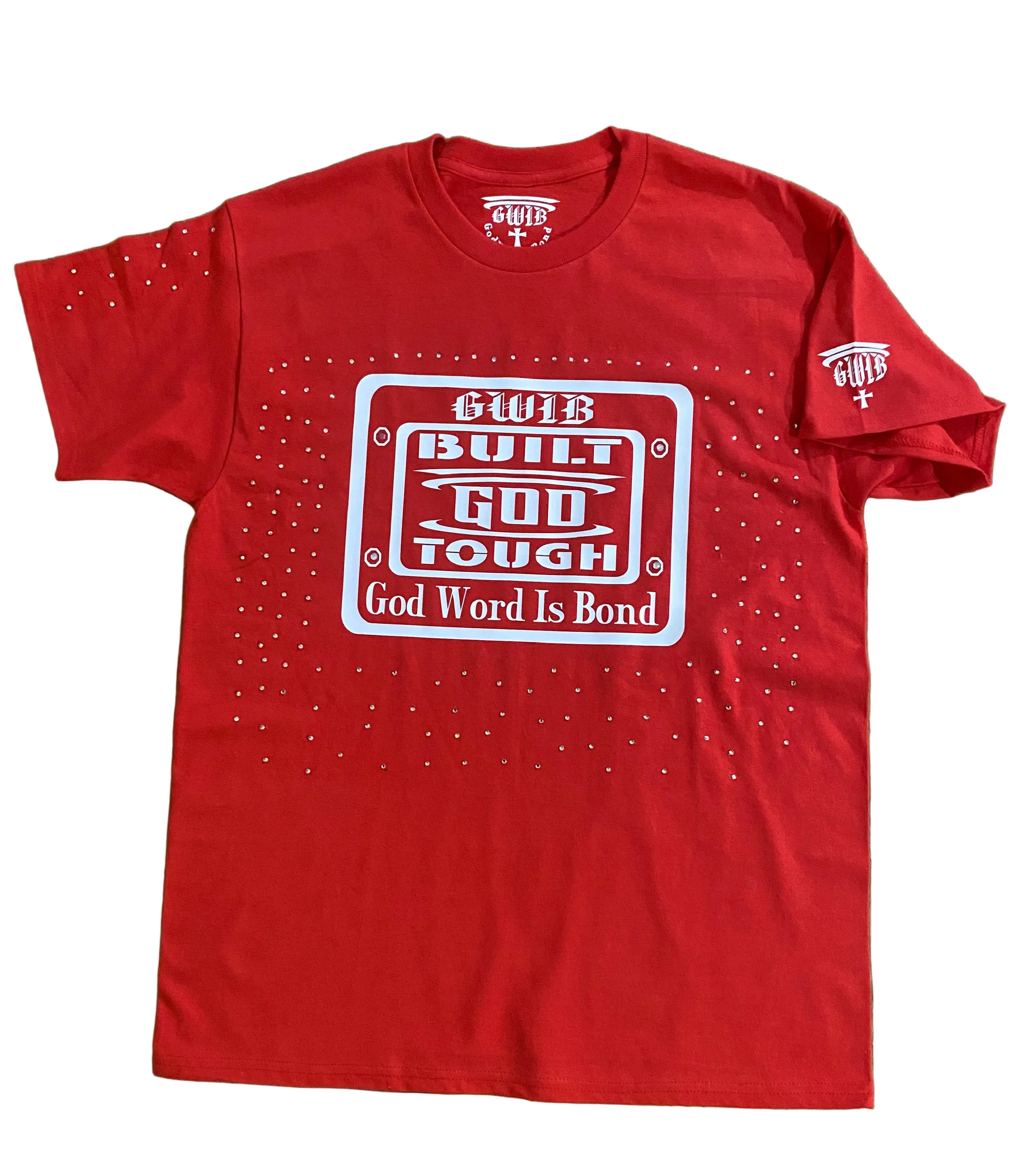 Red Shirt with a Motivational phrase Built God Tough in white lettering and rhinestones all over.