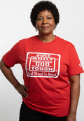 Red Shirt with a Motivational phrase Built God Tough in white lettering and rhinestones all over.