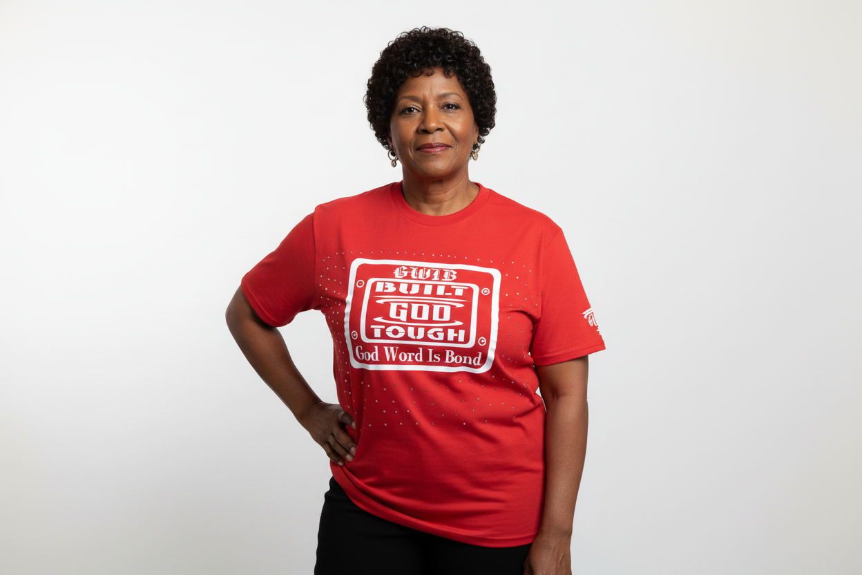 Red Shirt with a Motivational phrase Built God Tough in white lettering and rhinestones all over.