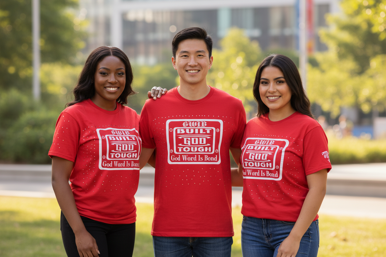Red Shirt with a Motivational phrase Built God Tough in white lettering and rhinestones all over.