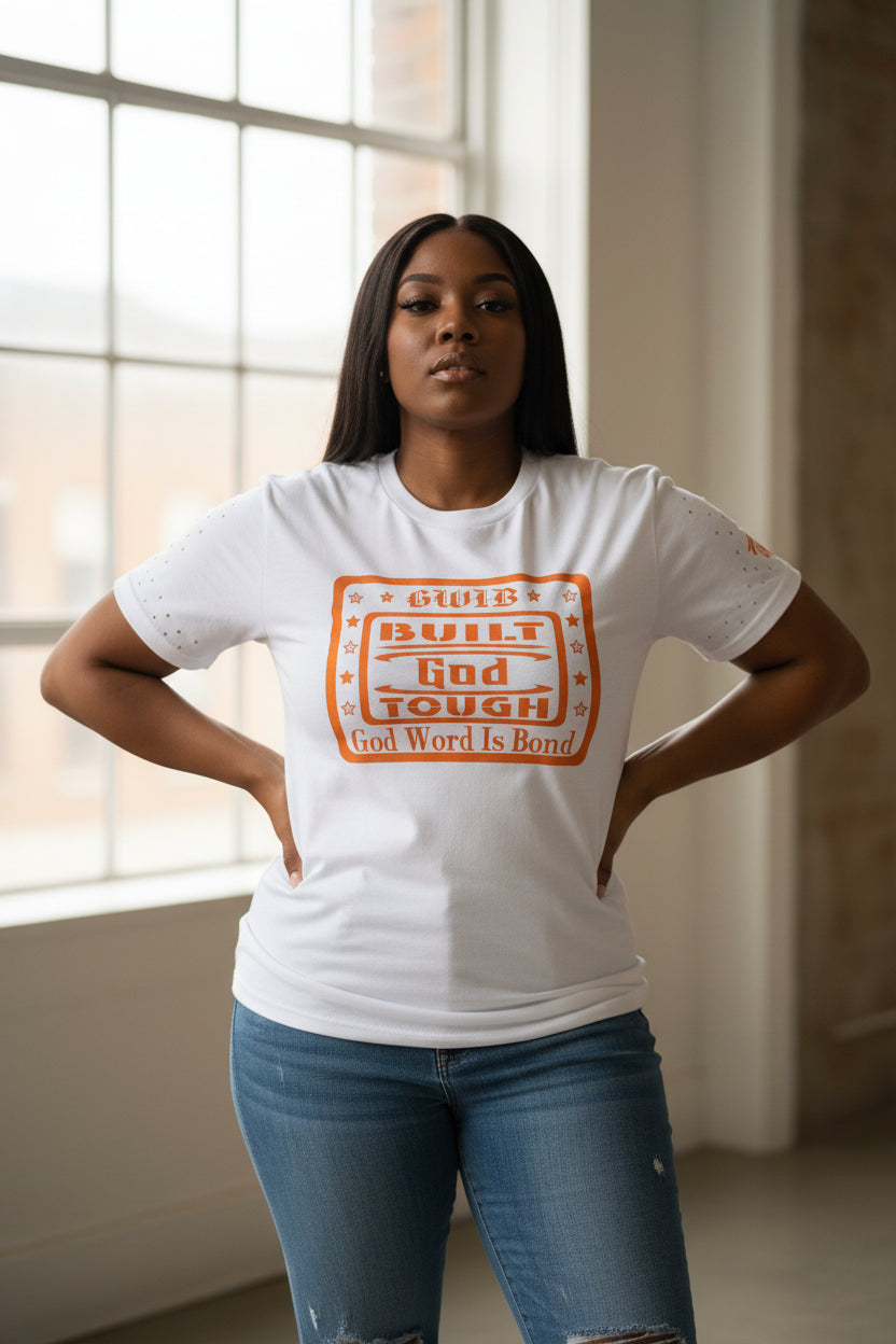 White with orange Built God Tough motivational T-Shirt decorated with rhinestones.