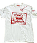 White T-Shirt with a Motivational, Built God Tough design in red decorated with rhinestones.