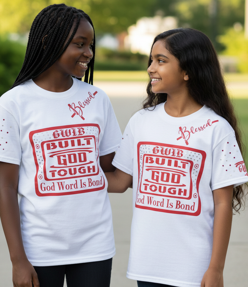 White T-Shirt with a Motivational, Built God Tough design in red decorated with rhinestones.