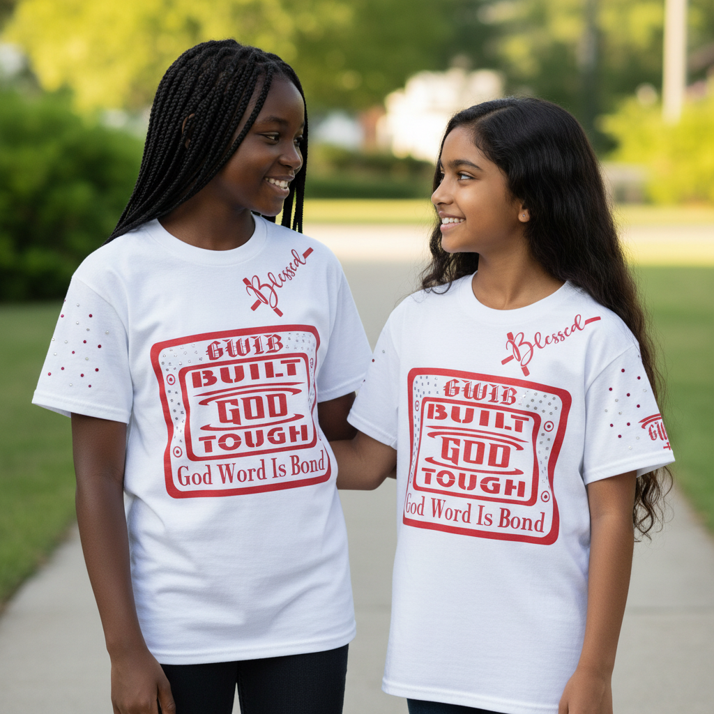 White T-Shirt with a Motivational, Built God Tough design in red decorated with rhinestones.