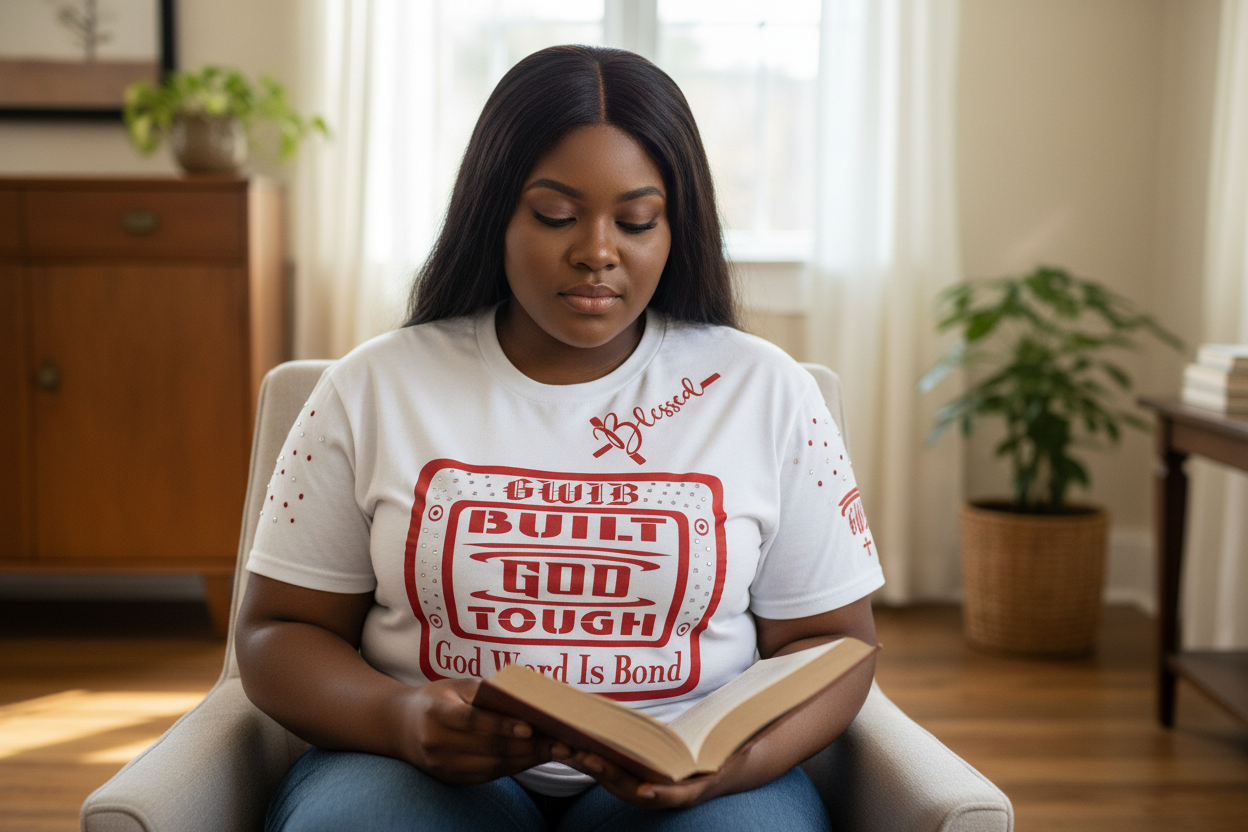 White T-Shirt with a Motivational, Built God Tough design in red decorated with rhinestones.