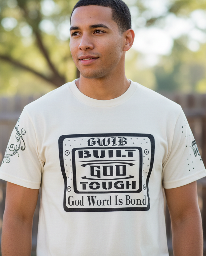 White T shirt with black lettering Built God Tough with rhinestones.