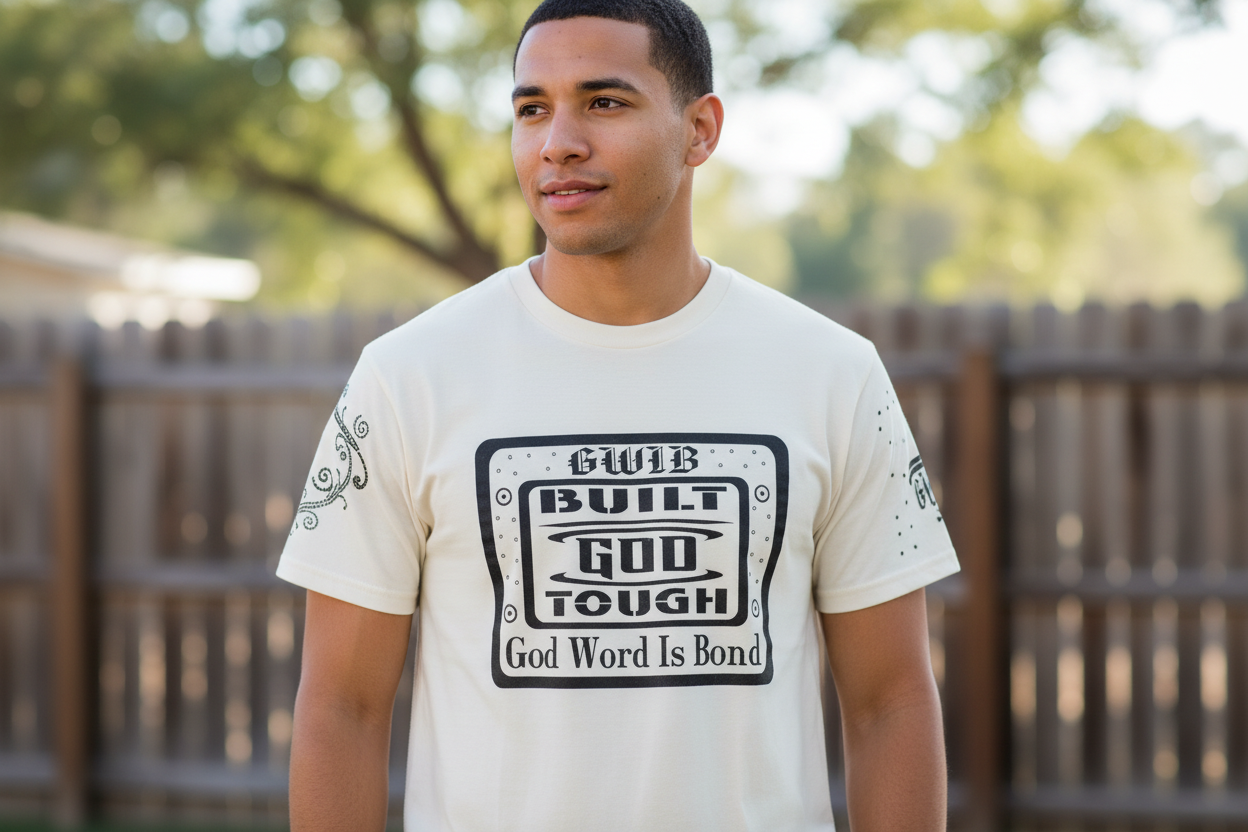 White T shirt with black lettering Built God Tough with rhinestones.