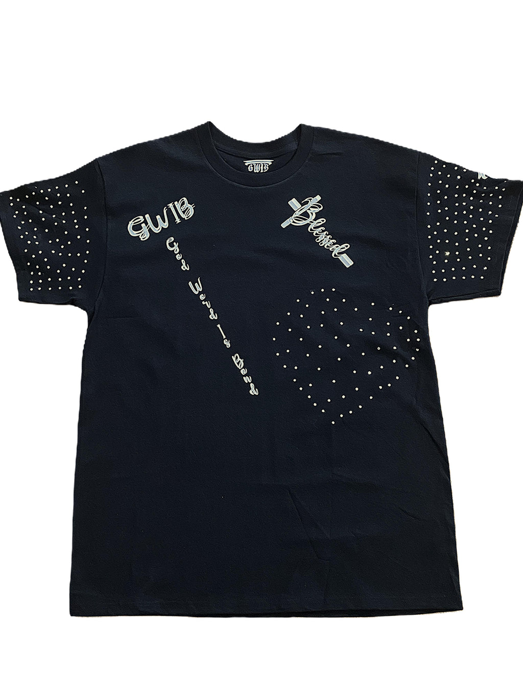 Black T-Shirt with an inspiring Christian design on the front and back decorated with rhinestones.
