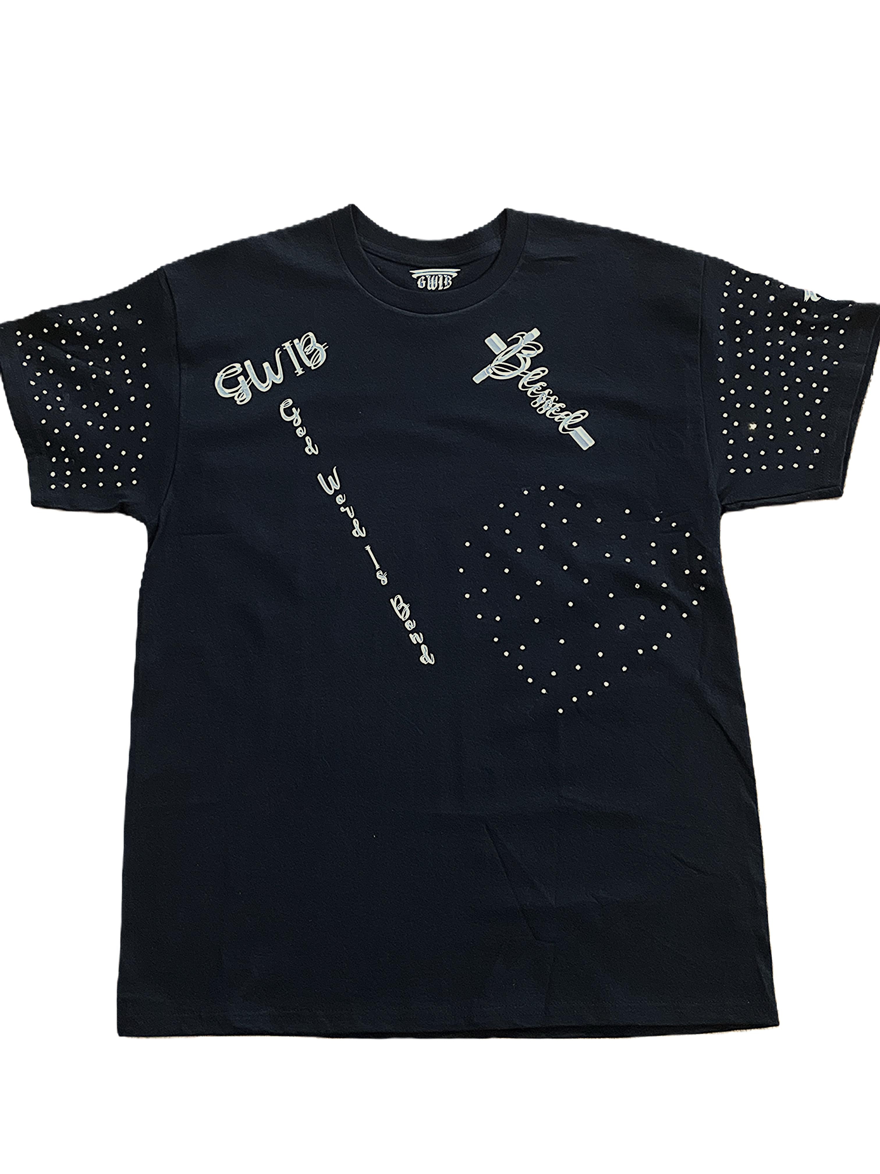 Black T-Shirt with an inspiring Christian design on the front and back decorated with rhinestones.