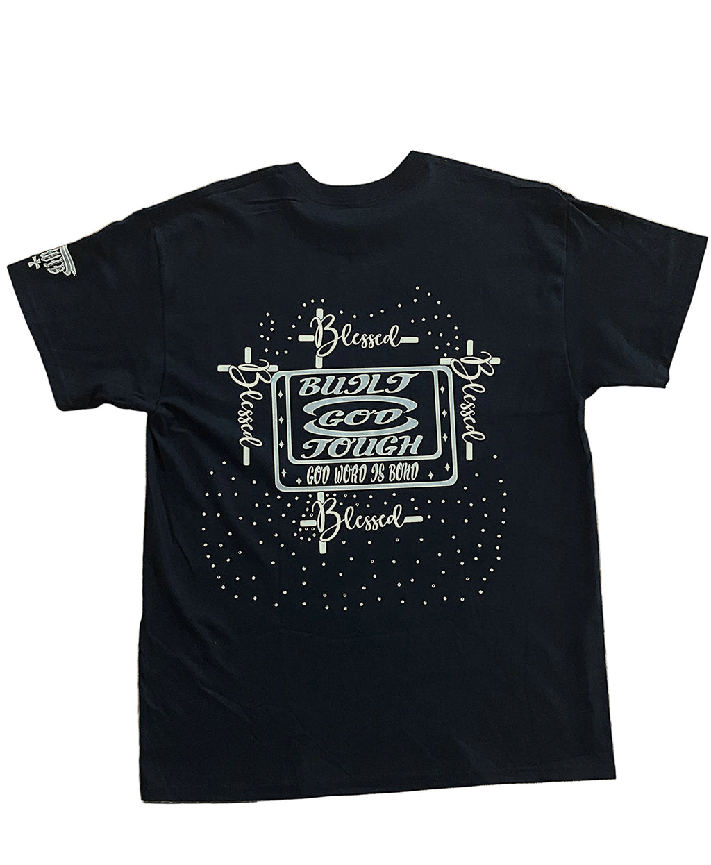 Black T-Shirt with an inspiring Christian design on the front and back decorated with rhinestones.