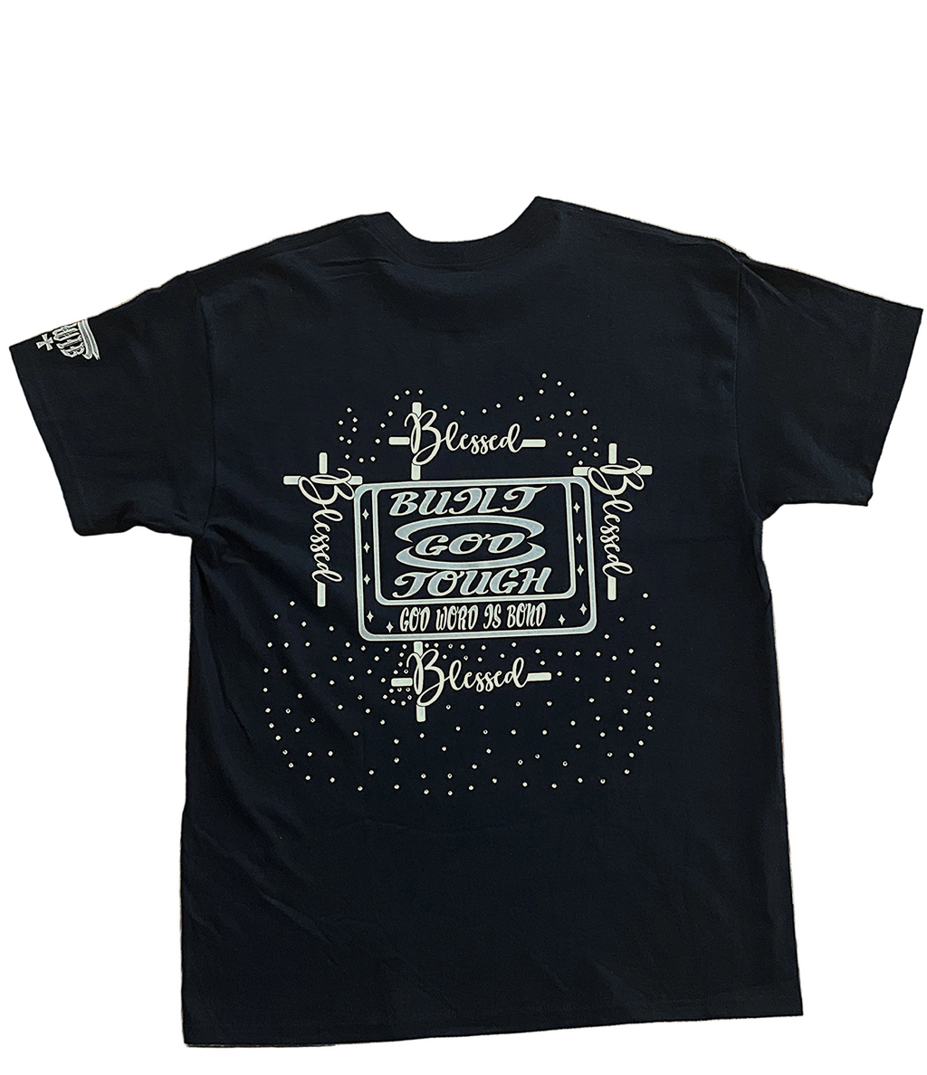 Black T-Shirt with an inspiring Christian design on the front and back decorated with rhinestones.