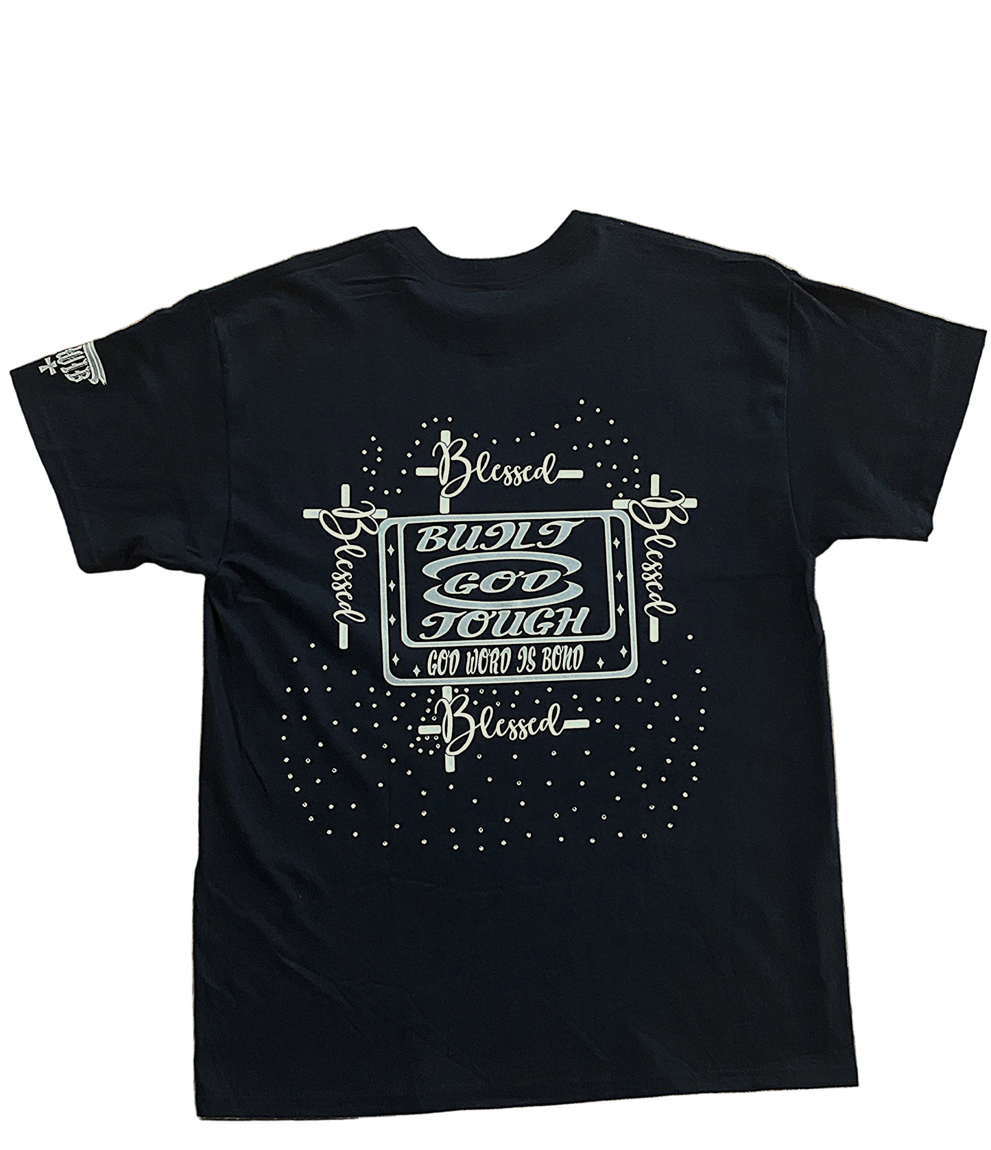 Black T-Shirt with an inspiring Christian design on the front and back decorated with rhinestones.