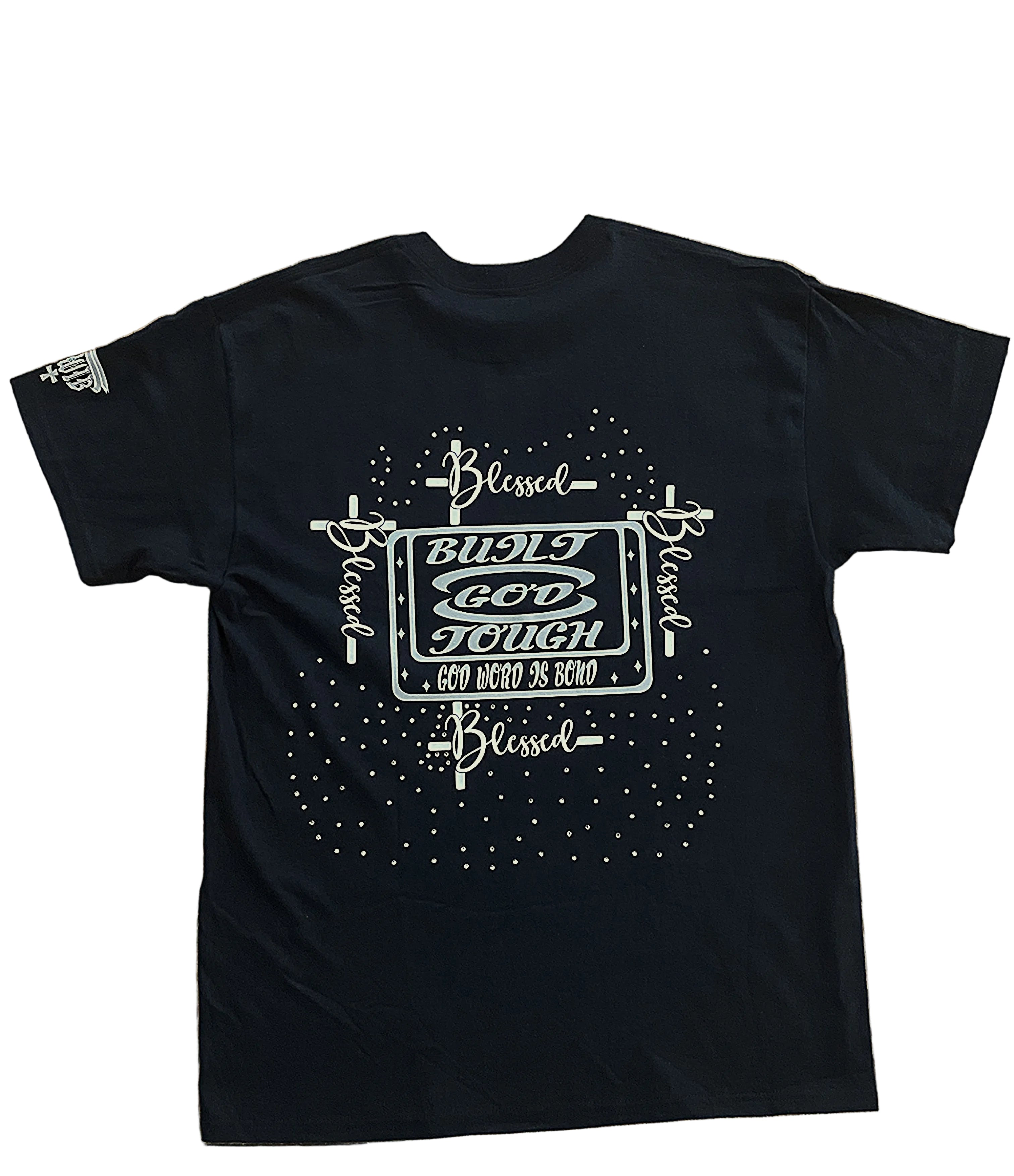 Black T-Shirt with an inspiring Christian design on the front and back decorated with rhinestones.