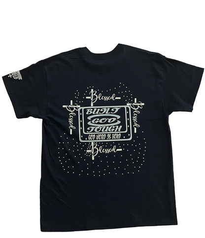 Black T-Shirt with an inspiring Christian design on the front and back decorated with rhinestones.